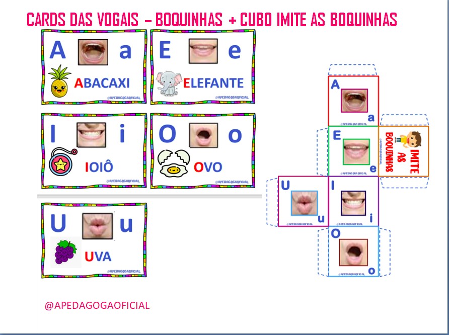Cards das vogais boquinhas +cubo imite as vogais