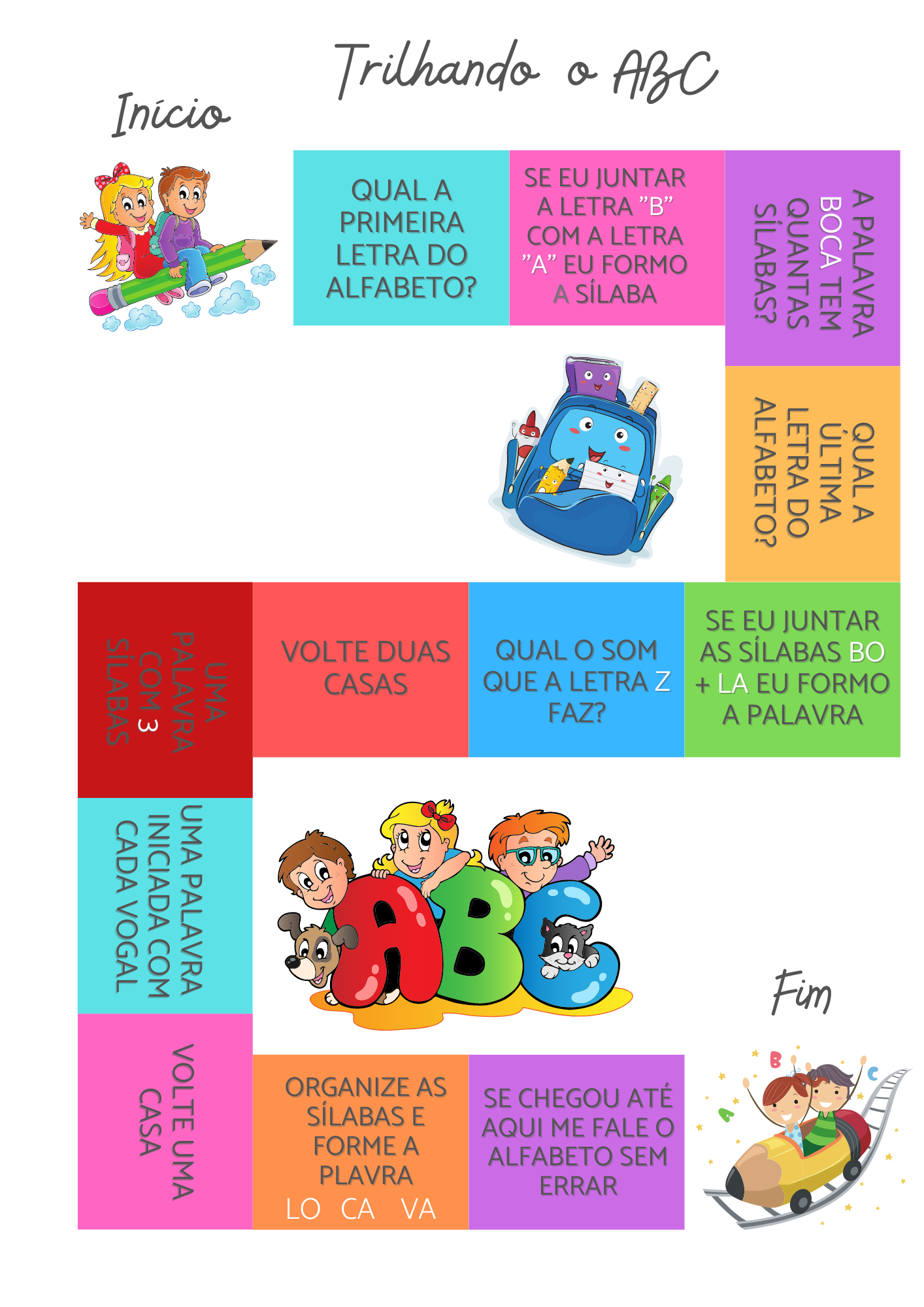 TABULEIRO PARA TRABALHAR A CONSCIÊNCIA SILÁBICA E FONOLÓGICA BRINCANDO. ARQUIVO DIGITAL, PDF, CONTENDO TABULEIRO PARA JOGO, DOIS DADOS, E CARDS RESOSTAS.