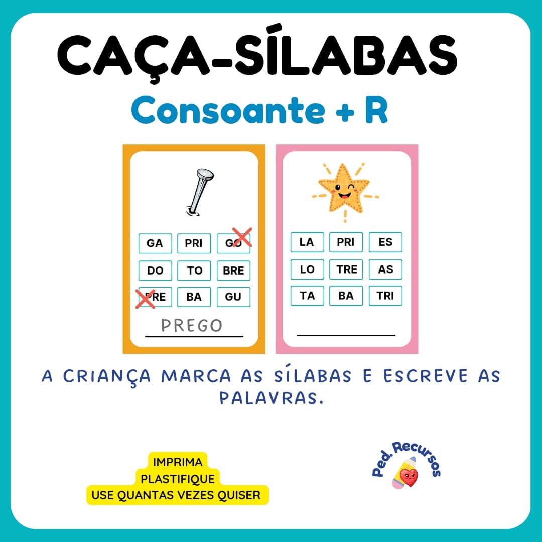Recurso pedagógico caça-sílabas para usar na alfabetização.