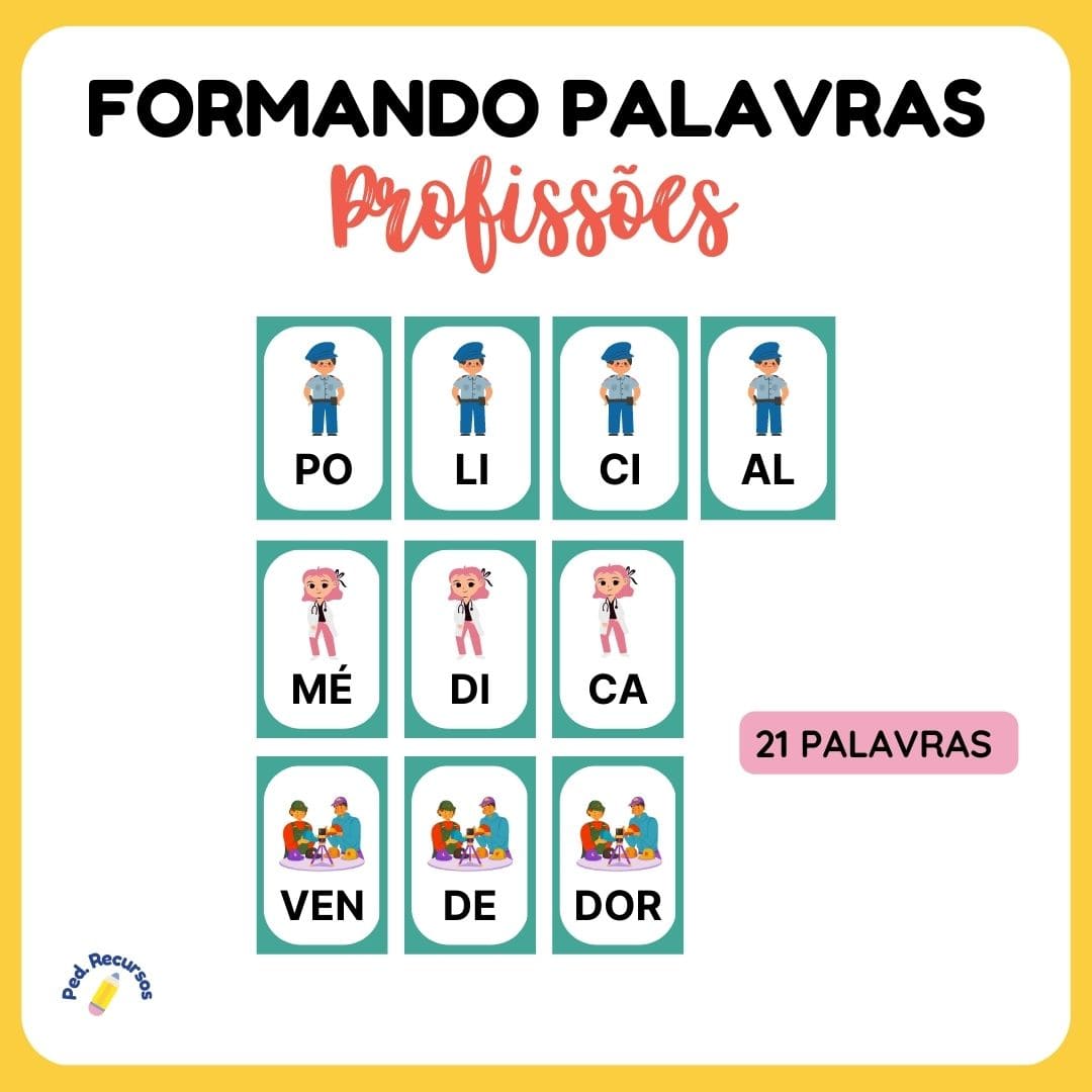 Recurso didático para a alfabetização. Formação de palavras com nomes de profissões.