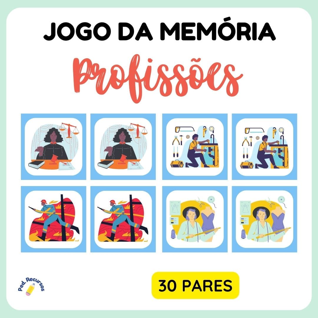 Jogo da memória das profissões para imprimir. Recurso didático para usar como atividade para o dia do trabalhador.
