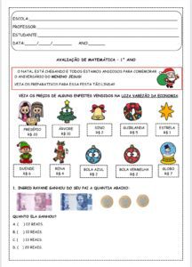 Avaliação de Matemática 1° ano tema natalino