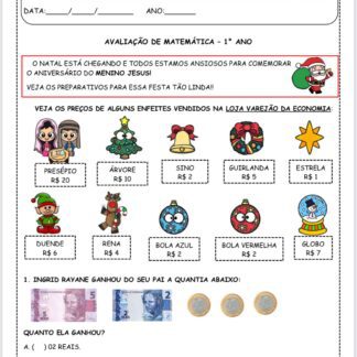 Avaliação de Matemática 1° ano tema natalino