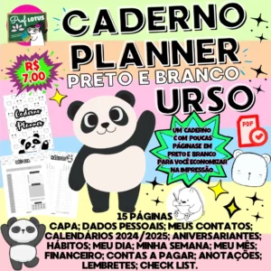 CADERNO PLANNER EM PRETO E BRANCO URSO