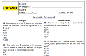 Avaliação de Matemática 8° ano (EDITÁVEL)