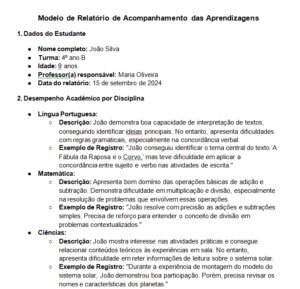 Ficha de Acompanhamento das Aprendizagens dos Alunos