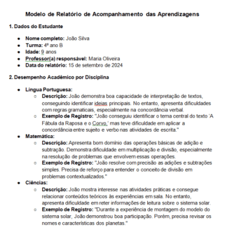 Ficha de Acompanhamento das Aprendizagens dos Alunos
