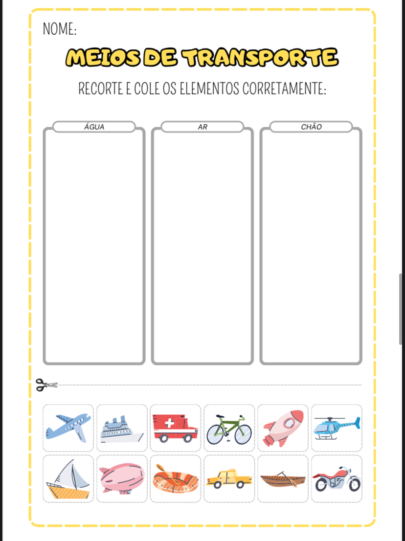 Folhinha De Atividade Meios De Transporte