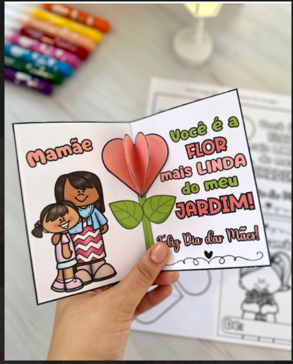 ❤️ Cartão Coração 3D – Dia das Mães / Quem Cuida de Mim (Colorido e Para Colorir) 