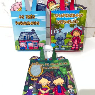 Kit sacolas de histórias infantis Branca de Neve, Chapeuzinho Vermelho e Os Três Porquinhos