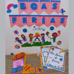 Kit Férias – Painel, Moldura para Fotos, Coroa, Recadinho, Porta Pirulito e Diário de Férias.