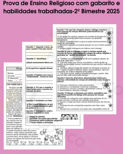 Prova de Ensino Religioso com gabarito e habilidades trabalhadas