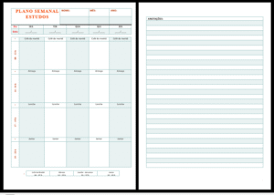 Tabela Plano Semanal de Estudos