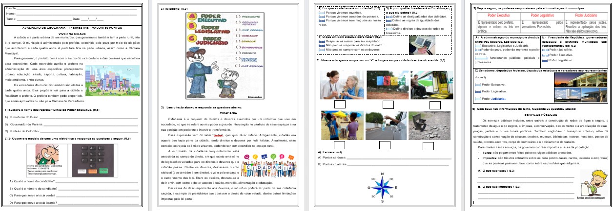 🗺️ AVALIAÇÃO DE GEOGRAFIA – TRÊS PODERES (EXECUTIVO, JUDICIÁRIO, LEGISLATIVO), CIDADANIA, PONTOS CARDEAIS E COLATERAIS, SERVIÇOS PÚBLICOS. 🗺️
