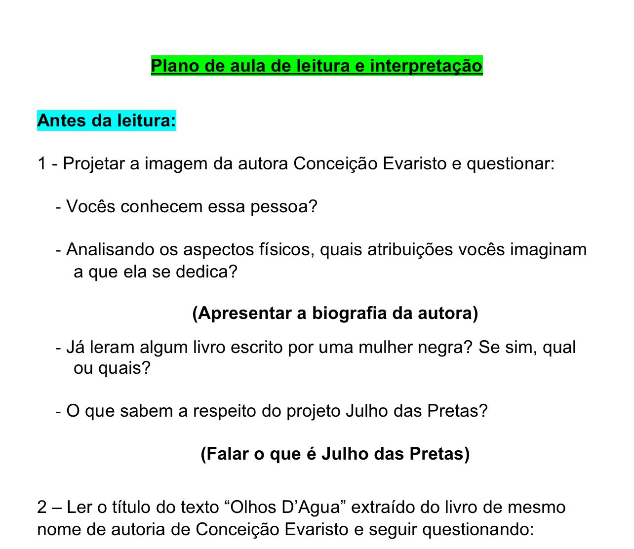 Plano de aula de leitura com intervenção